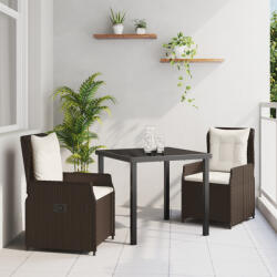 vidaXL 3 Részes Kerti Étkezőszett Barna Polirattan, Kerti Asztal Fekete 80x80x73 cm Edzett Üveg (VD3380946)