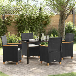 vidaXL 5 darabos kerti étkezőszett párnákkal, fekete poly rattan (VD3381088)