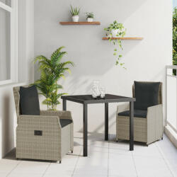 vidaXL 3 Darab Kert Étkező Készlet Világosszürke Poli Rattan, Asztal Fekete 80x80x73 cm Edzett Üveg (VD3380974)