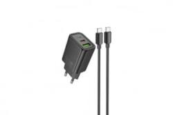 hoco. N63 Gentle Hálózati Gyorstöltő (USB - Type-C) (PD)30W + QC3.0 Type-C/Type-C kábellel fekete (PM037409) (PM037409)