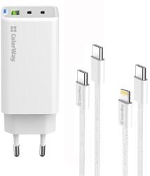 ColorWay AC töltő GaN Mini CW-CHS058PDCL-WT 65W PD port PPS USB (USB-2C1A) kábel Type-C és Lightning (CW-CHS058PDCL-WT)