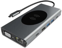 13 portos USB-C HUB, vezeték nélküli töltővel, HDMI, VGA, 2xUSB-C, SD/microSD kártya olvasó, 3, 5mm audio csatlakozó RJ-45 (Internet), 3db USB 3.0 portokkal
