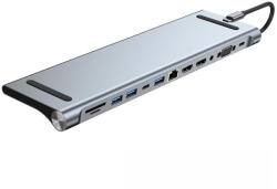 MacBook-hoz USB-C HUB 12 portos USB elosztó, dokkoló 2x USB-C, 2xHDMI, VGA, SD/microSD kártya olvasó, RJ-45 (Internet), 3, 5mm audio, 1db USB 3.0 2db USB 2 portokkal