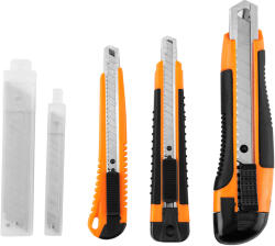 NEO TOOLS Törhető pengés kés készlet, 2db 9mm-es és 1db 18mm-es kés, 10db 18mm-es és 10db 9mm-es pótpenge (63-714)
