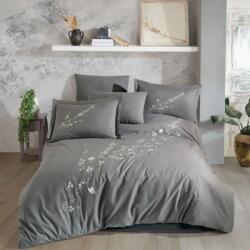 Hobby Home® Lenjerie pat dublu din poplin fin cu broderie florala, ceaceaf pilota 200x220cm, Vera Gri Lenjerie de pat