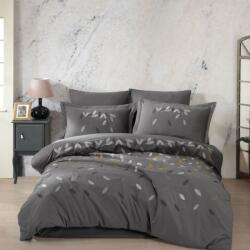 Hobby Home® Lenjerie pat dublu din poplin fin cu broderie frunze, ceaceaf pilota 200x220cm, Lidia Gri Lenjerie de pat
