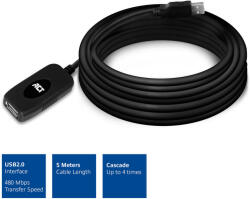 ACT USB hosszabbító kábel jelerősítős 5m fekete ACT (AC6005)