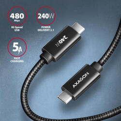 AXAGON USB-C adat és töltőkábel 3m PD3.1 240W fonott fekete AXAGON (BUCM2-CM30AB)