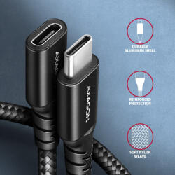 AXAGON USB-C 3.2 gen2x2 adat és töltő hosszabbító kábel 0.5m PD3.1 240W fonott fekete AXAGON (BUCM32-CF05AB)
