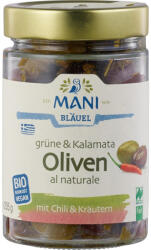 Mani Masline verzi si Kalamata crude cu chili si ierburi, 205 g