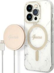 GUESS Marble MagSafe Apple iPhone 14 Pro Max hátlap tok, fehér + MagSafe töltő (GUE2317) (GUE2317)
