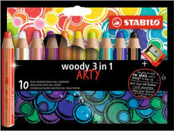 STABILO Színes ceruza készlet, kerek, vastag, STABILO " Woody ARTY 3 in 1" , 10 különböző szín