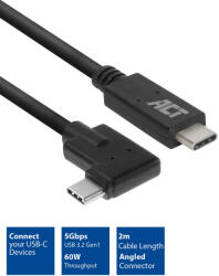 ACT USB-C 3.2 Gen1 adat és töltőkábel 2m derékszörű fekete ACT (AC7407)