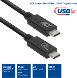 ACT USB-C 3.2 Gen1 adat és töltőkábel 2m fekete ACT (AC7402)
