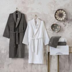 Cottonbox® Set matrimonial 2 halate de baie si 4 prosoape, bumbac 100%, Cotton Box, Genny Alb/Gri