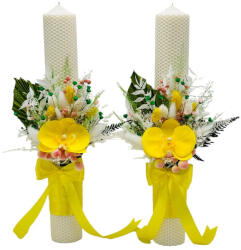 Eventissimi® Set lumanari cu arnjament floral pentru cununie nunta personalizabil alb-galben (SET-087)
