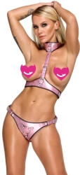 Bad Kitty Chest Harness & Strap-on Jock Shimmering Metallic Pink S/M