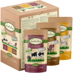 Lukullus 6x150g Lukullus Mini Adult mix (marha & pulyka/vad & nyúl/szárnyas & bárány tasakos nedves kutyatáp. 5+1 ingyen