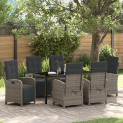 vidaXL 7 Részes Kerti Étkezőszett Párnákkal Szürke Poli Rattan, Kerti Asztal Fekete 160x80x73 cm Edzett Üveg (VD3380327)