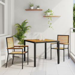 vidaXL 3 darabos Kerti Étkező Szett Fekete Poly Rattan Akácia, Egymásra Rakható Kerti Székek Párnákkal 2 db Fekete Poly Rattan (VD3365434)