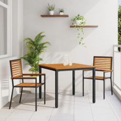 vidaXL 3 darabos kerti étkezőszett fekete műrattan akáccal, Egymásra rakható kerti székek párnákkal 2 db fekete műrattan, Kerti asztal 90x90x75 cm tömör akácfa és fém (VD3365490)