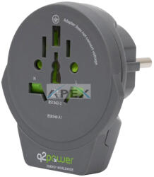 Q2 power 1.100110-TH - q2power 1.100110-TH utazóadapter, World to Europe USB, USB 5V 2.4A, max. 16 A, 250 V - 4000 W teljesítmény