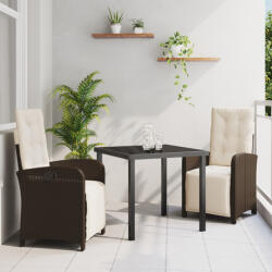 vidaXL 3 darabos kerti étkezőgarnitúra párnákkal barna poliratán, kerti asztal fekete 80x80x73 cm edzett üveggel (VD3380316)