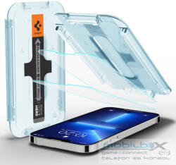 Apple iPhone 13 / 13 Pro / 14 / 16e, Kijelzővédő fólia, ütésálló fólia (az íves részre is! ), Tempered Glass (edzett üveg), Spigen Ez Fit, Clear, 2 db / csomag - mobil-box