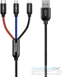 USB töltő- és adatkábel 3in1, USB Type-C, Lightning, microUSB, 30 cm, 3500 mA, gyorstöltés, cipőfűző minta, Baseus Three Primary Colors, CAMLT-ASY01, fekete/színes - mobil-box