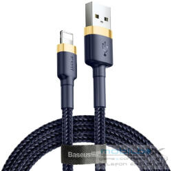  USB töltő- és adatkábel, Lightning, 100 cm, 2400 mA, törésgátlóval, gyorstöltés, cipőfűző minta, Baseus Cafule, CALKLF-BV3, sötétkék/arany - mobil-box