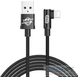 USB töltő- és adatkábel, Lightning, 100 cm, 2000 mA, gyorstöltés, 90 fokos/derékszögű, cipőfűző minta, Baseus MVP, CALMVP-01, fekete - mobil-box