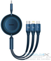 USB Type-C töltő- és adatkábel 3in1, USB Type-C, Lightning, microUSB, 110 cm, 100W, 3500 mA, gyorstöltés, lapos, feltekerhető, Baseus Bright Mirror 2, CAMJ010203, kék - mobil-box