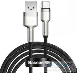  USB töltő- és adatkábel, USB Type-C, 200 cm, 6000 mA, 66W, törésgátlóval, gyorstöltés, cipőfűző minta, Baseus Cafule Metal, CAKF000201, fekete - mobil-box