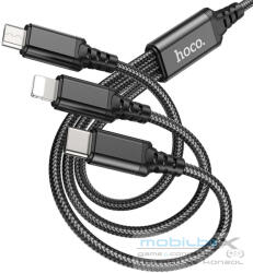 USB töltő- és adatkábel 3in1, USB Type-C, Lightning, microUSB, 100 cm, 2000 mA, gyorstöltés, cipőfűző minta, Hoco X76 Super, fekete - mobil-box