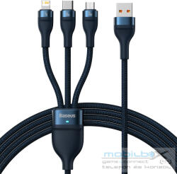 USB töltő- és adatkábel 3in1, USB Type-C, Lightning, microUSB, 120 cm, 6000 mAh, 66 W, törésgátlóval, gyorstöltés, cipőfűző minta, Baseus Flash Series 2, CASS040003, sötétkék - mobil-box