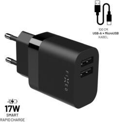 FIXED hálózati töltő, 2*USB-A kimenet, 17W + USB/mikro USB kábel, fekete