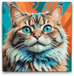  Festés számok szerint - Macska türkiz és narancs árnyalatokban Méret: 50x50cm, Keretezés: Kerek kartonlap