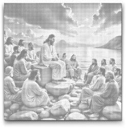  PontPöttyöző - Jézus prédikációja naplementénél Méret: 50x50cm, Keretezés: Kerek kartonlap, Szín: Zöld