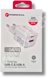 Forcell F-energy mini Gan 3 töltő adapter USB-C/ USB-A (20W), fehér