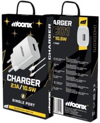 MoonX hálózati USB töltő adapter MC01 2.1A 10.5W 1xUSB + kábel USB-C Fehér