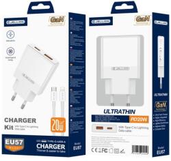 Jellico fali töltő EU57 PD 20W 1xUSB-C + 1xUSB QC3.0 + kábel USB-C - Lightning Fehér
