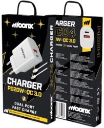 MoonX fali töltő MC04 PD 20W 1xUSB-C + 1xUSB QC3.0 + kábel USB-C - Lightning Fehér