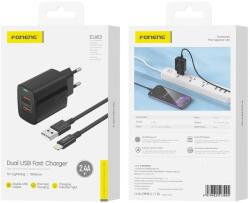 FONENG fali töltő EU63 2.4A 12W 2xUSB + kábel Villámfekete,