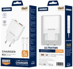Jellico hálózati töltő EU57 PD 20W 1xUSB-C + 1xUSB QC3.0 + kábel USB-C - USB-C Fehér