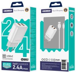 Jellico hálózati USB töltő adapter EU02 2.4A 12W 2xUSB + kábel Micro Fehér