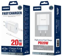 Jellico hálózati töltő AK200 PD 20W 1xUSB-C + kábel USB-C - USB-C Fehér