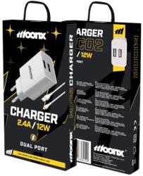 MoonX fali töltő MC02 2.4A 12W 2xUSB + Lightning kábel Fehér