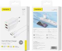 FONENG fali töltő EU63 2.4A 12W 2xUSB + kábel Lightning Fehér