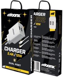 MoonX hálózati töltő adapter MC02 2.4A 12W 2xUSB + kábel Micro Fehér