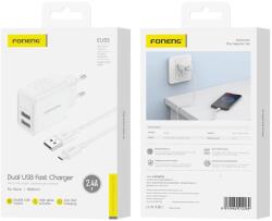 FONENG fali töltő EU53 2.4A 12W 2xUSB + kábel Micro Fehér